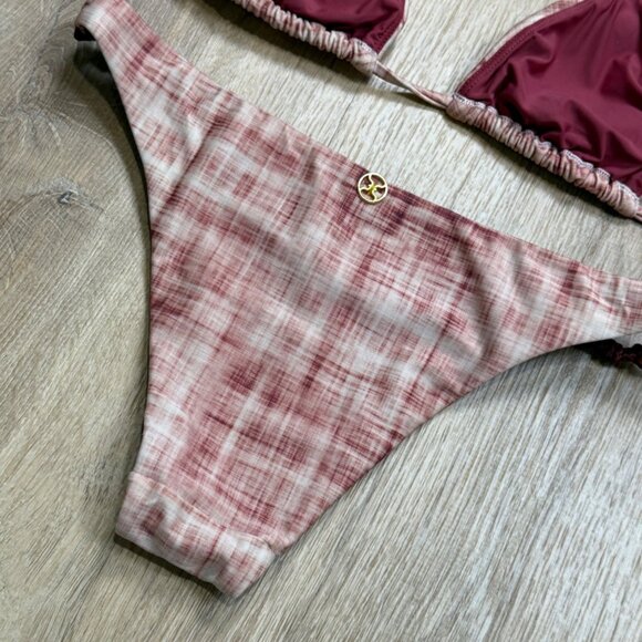 Vix Paula Hermanny Plaid Brazilian Triangle Bikini Set Burgundy Pink XS - Picture 4 of 10